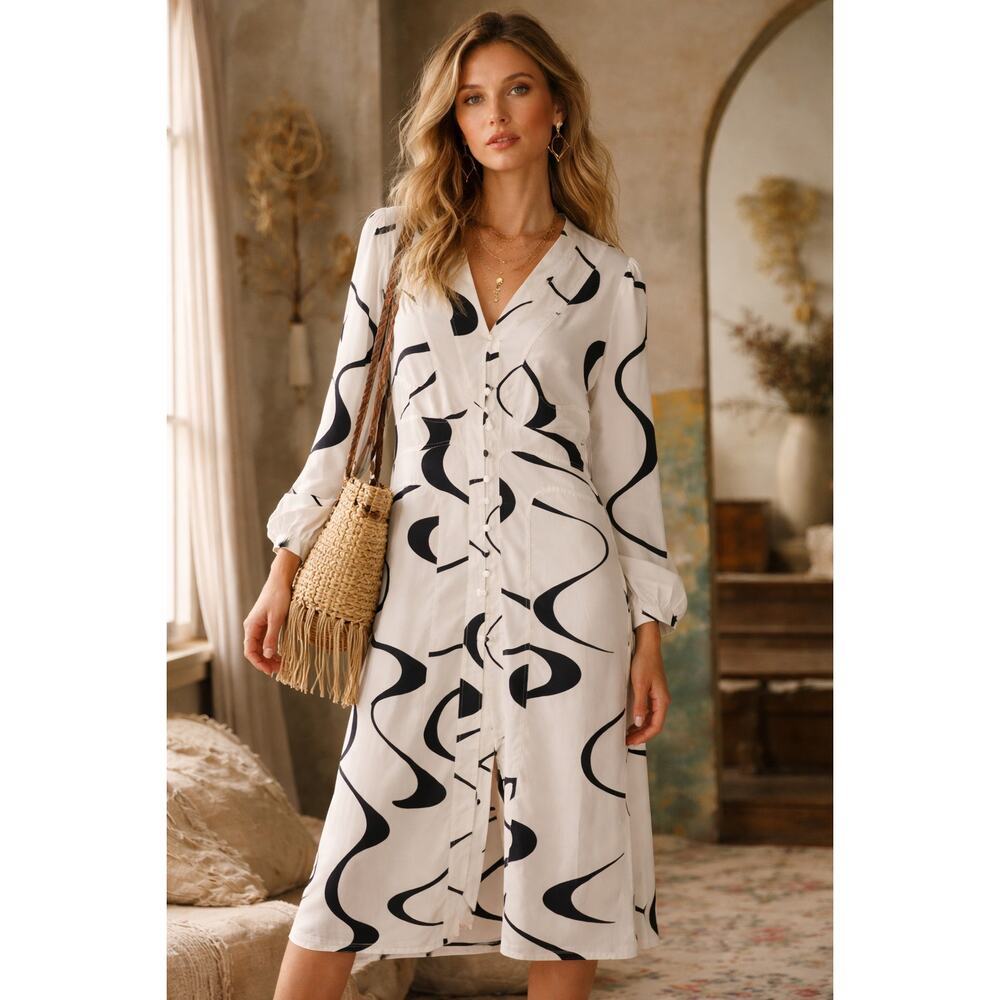 House of Sunny Mod Print‎ Dress Women Size 8 White Excellent Long Sleeve Maxi